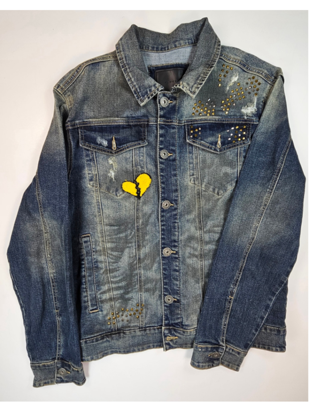 Kloud9 Heart Breaker Denim Jacket Mens L Teddy Bear Rhinestone Distressed Blue